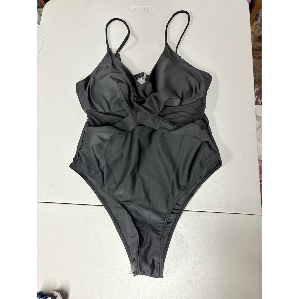 NWOT Womens One Piece Black Swimsuit.‎ sheer Detailing Medium